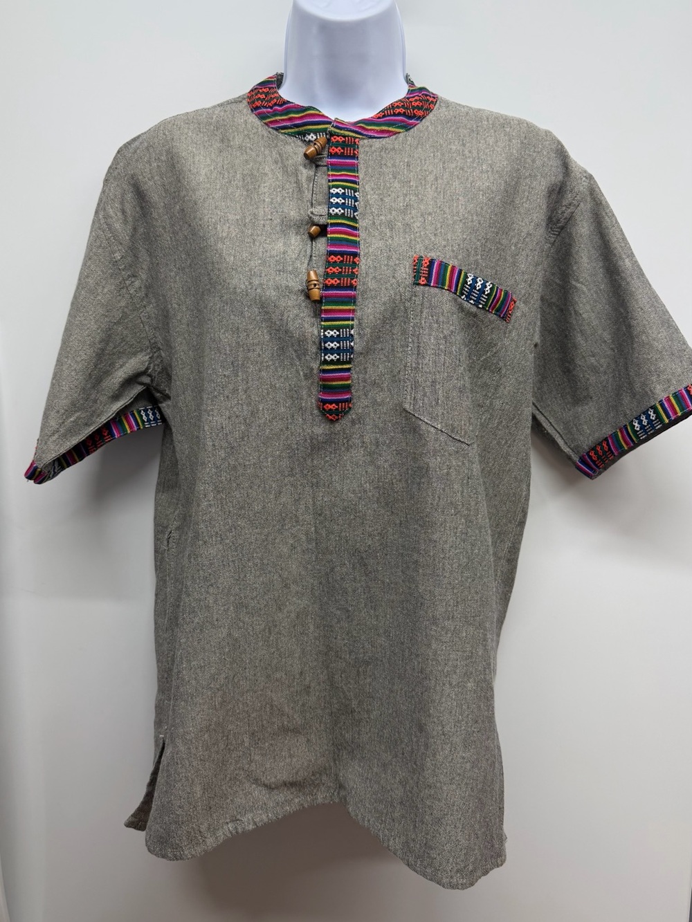 Men's Gray Short-Sleeve Shirt with Multicolor Trim